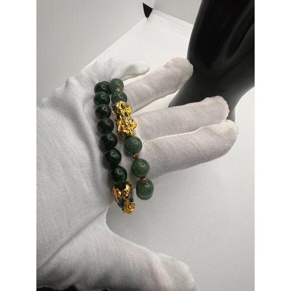 Green Jade Glass Beaded Bracelets With Gold Pi Xiu Charms 6.5" & 7" Sizes Stretc - Picture 6 of 7